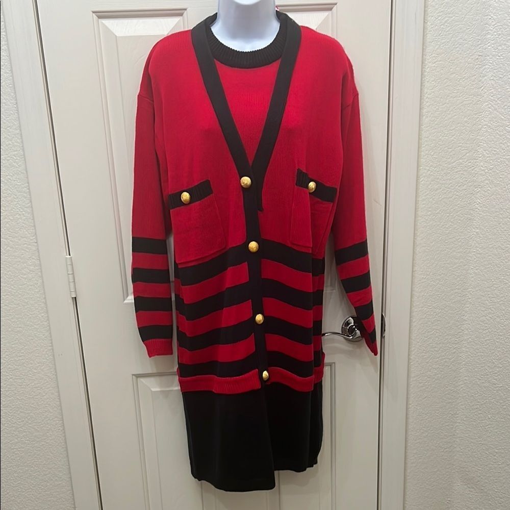 AMilano Collection Red Black Cardigan Sweater Dress Sz Large Long Sleeve Stripes